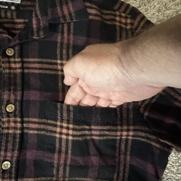 Portuguese Flannel Shirt Mens Medium Black Burgundy Plaid Button Down Cotton - Picture 3 of 8